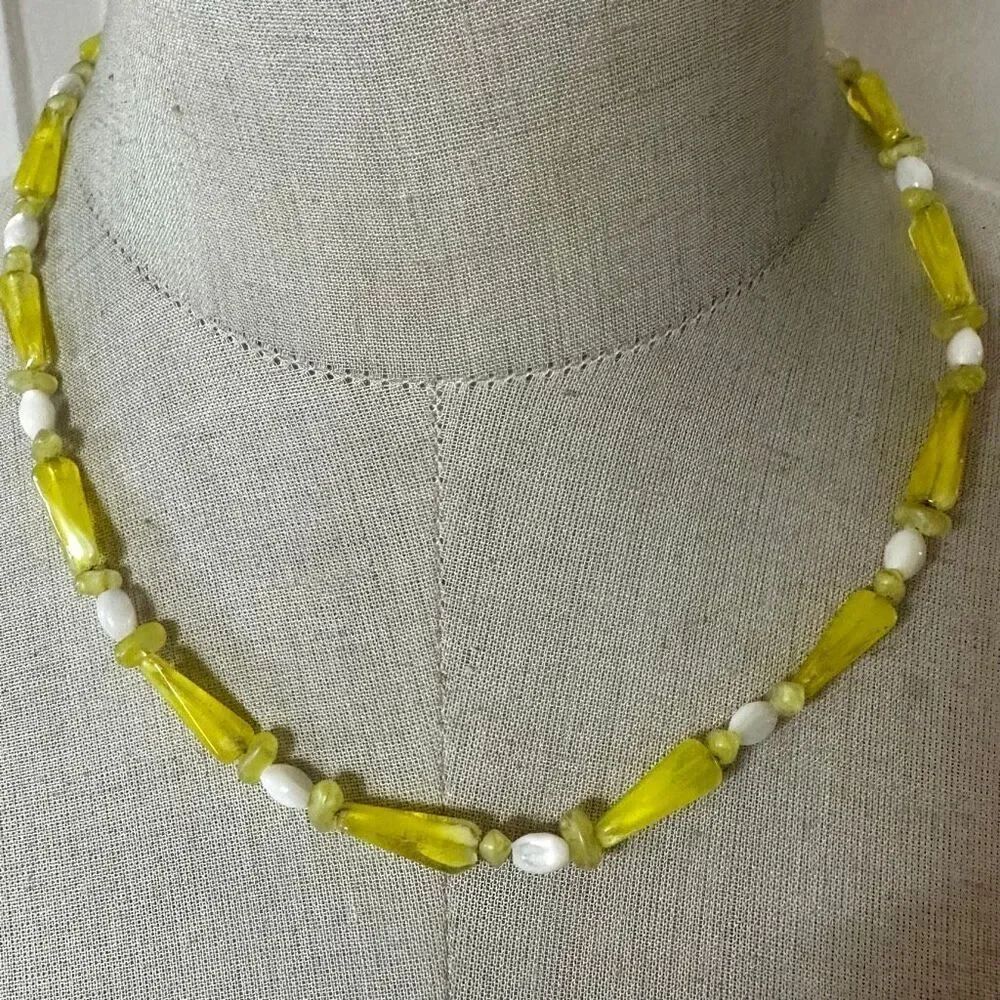 Vintage Glass & Shell Bead Necklace • Lemon Yellow